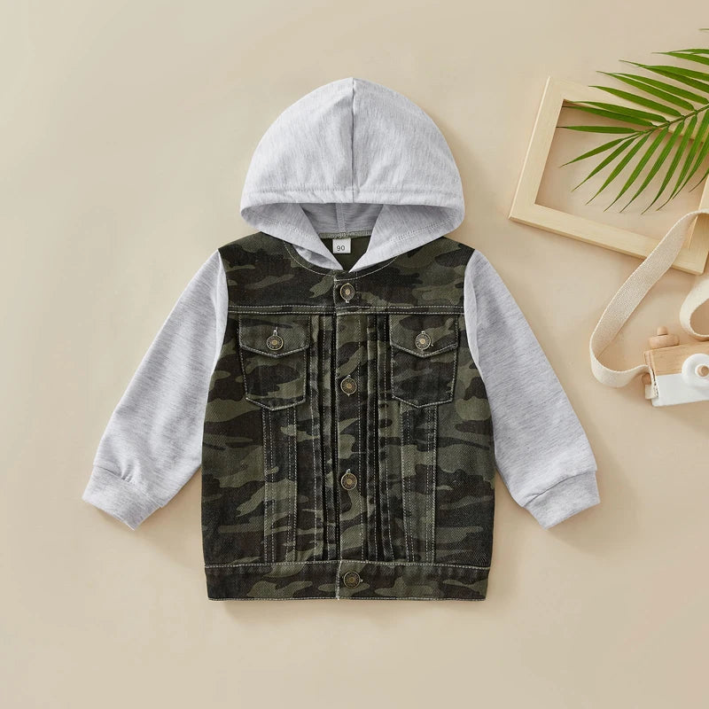 1-6Y Kids Boys Autumn Jacket Outwear Denim Solid /Camouflage Patchwork Hooded Jacket