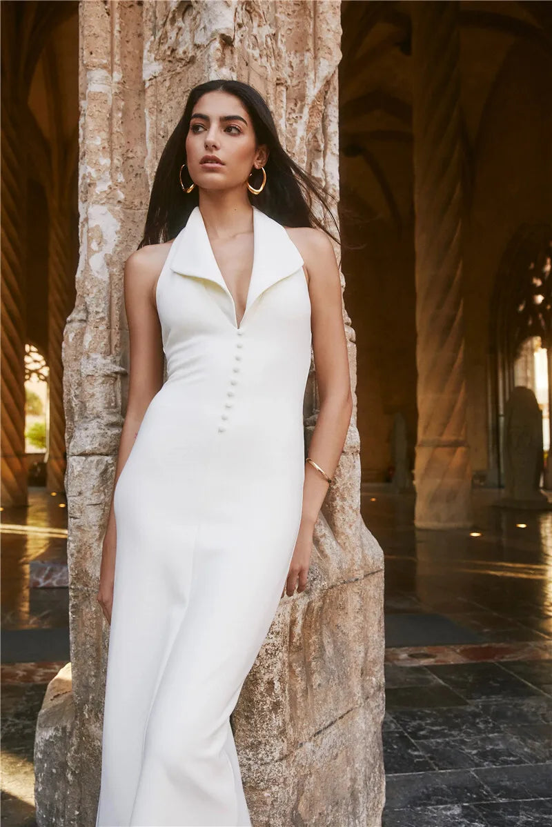 Women's Halter Deep V Neck Sleeveless Maxi Elegant Backless Bodycon Tank Long Dress
