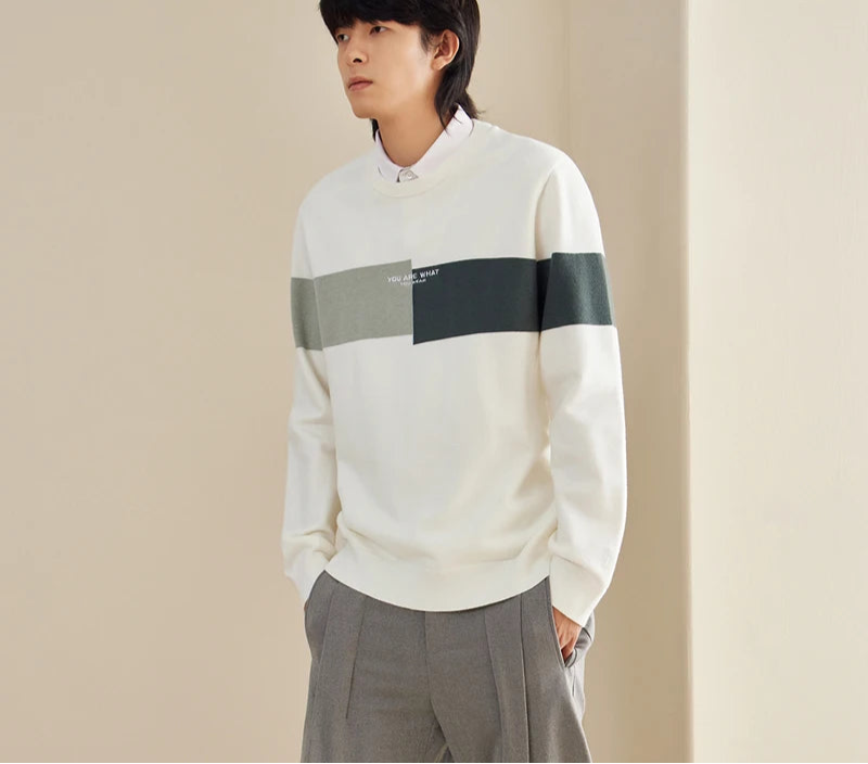 Men's Color Block Knit Sweater - Thermal Embroidered Pullover Winter Style