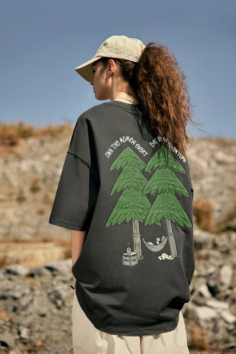 Unisex 265G Pine Tree Puff Print Heavyweight oversize Casual Pure Cotton Short Sleeve T-Shirt