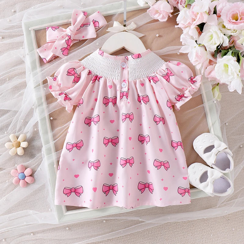 Baby Girls Summer Dress Set - Puff Sleeve Heart & Bow Embroidery with Headband