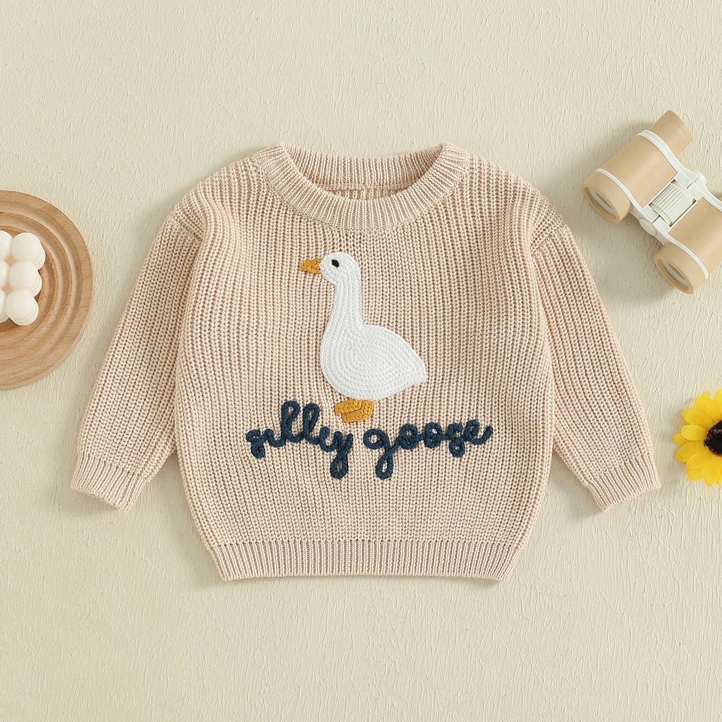 Toddler Baby Goose Sweater - Animal Letter Embroidered Crewneck Chunky Knit