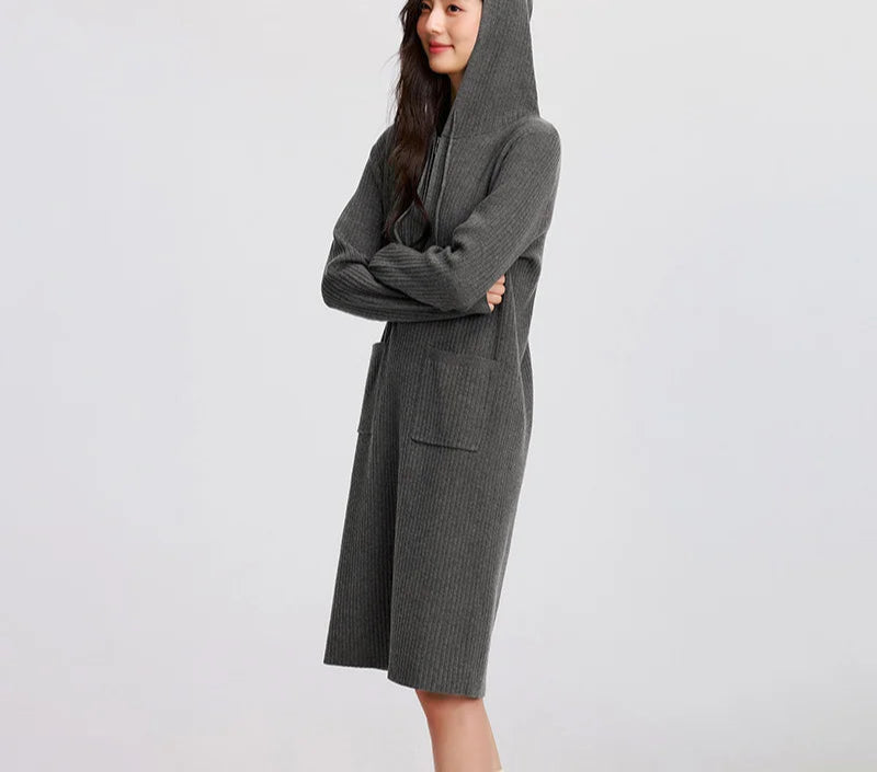 Women's Knit Hoodie Dress - Slim Fit Textured Mid-Length Winter Casual Style