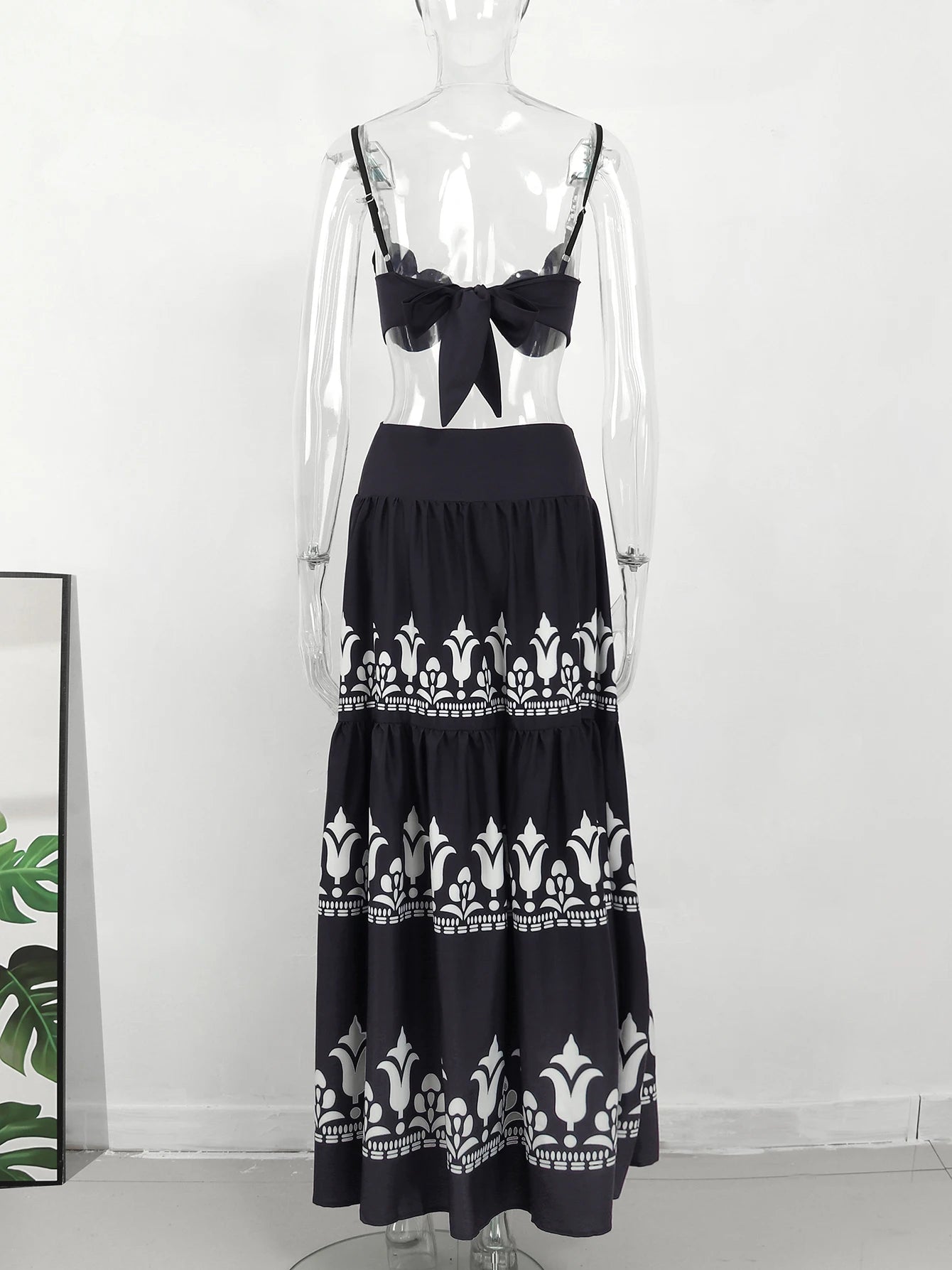 Women's Print Beach Two Piece Skirt White Bra High Waist A-line Long Skirt Beach Set