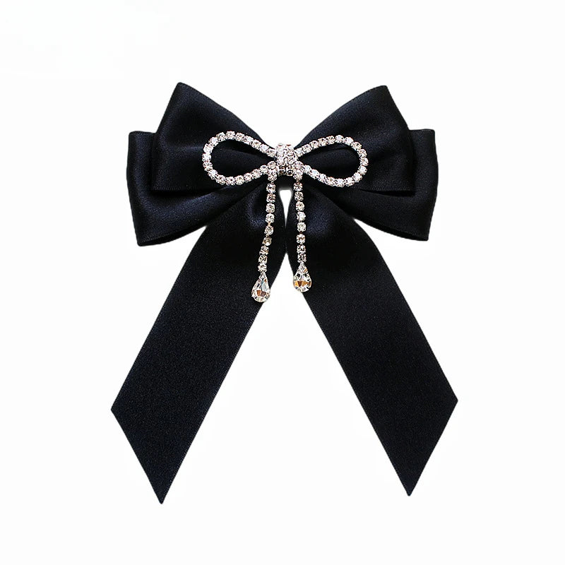 Black Fabric Bow Brooch - College Style Crystal Collar Pin
