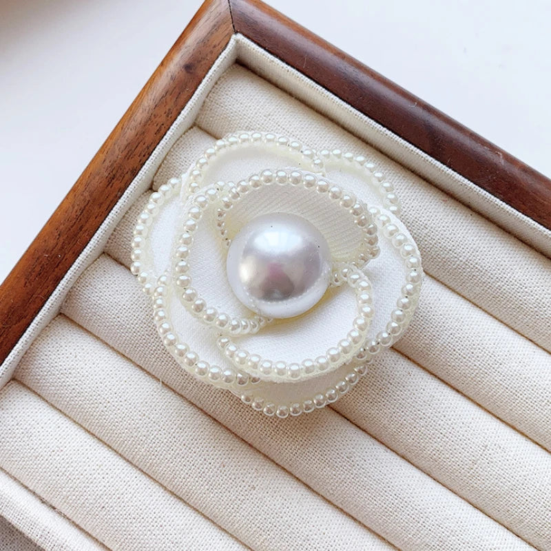 Handmade Fabric Camellia Flower Brooch - Pearl Wedding Corsage