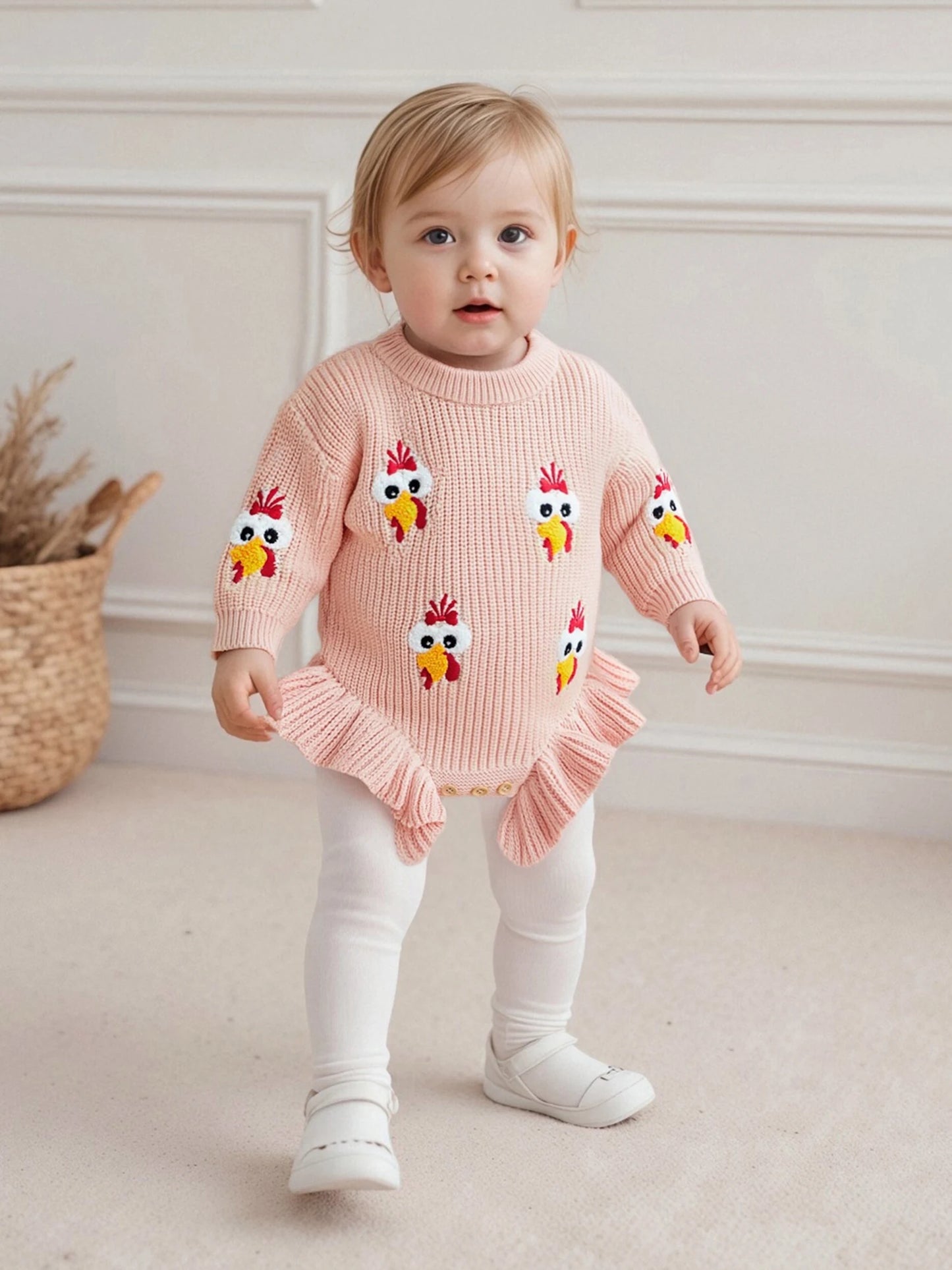 Baby Thanksgiving Knit Romper - Turkey Embroidery Long Sleeve Ruffle Bodysuit Sweater