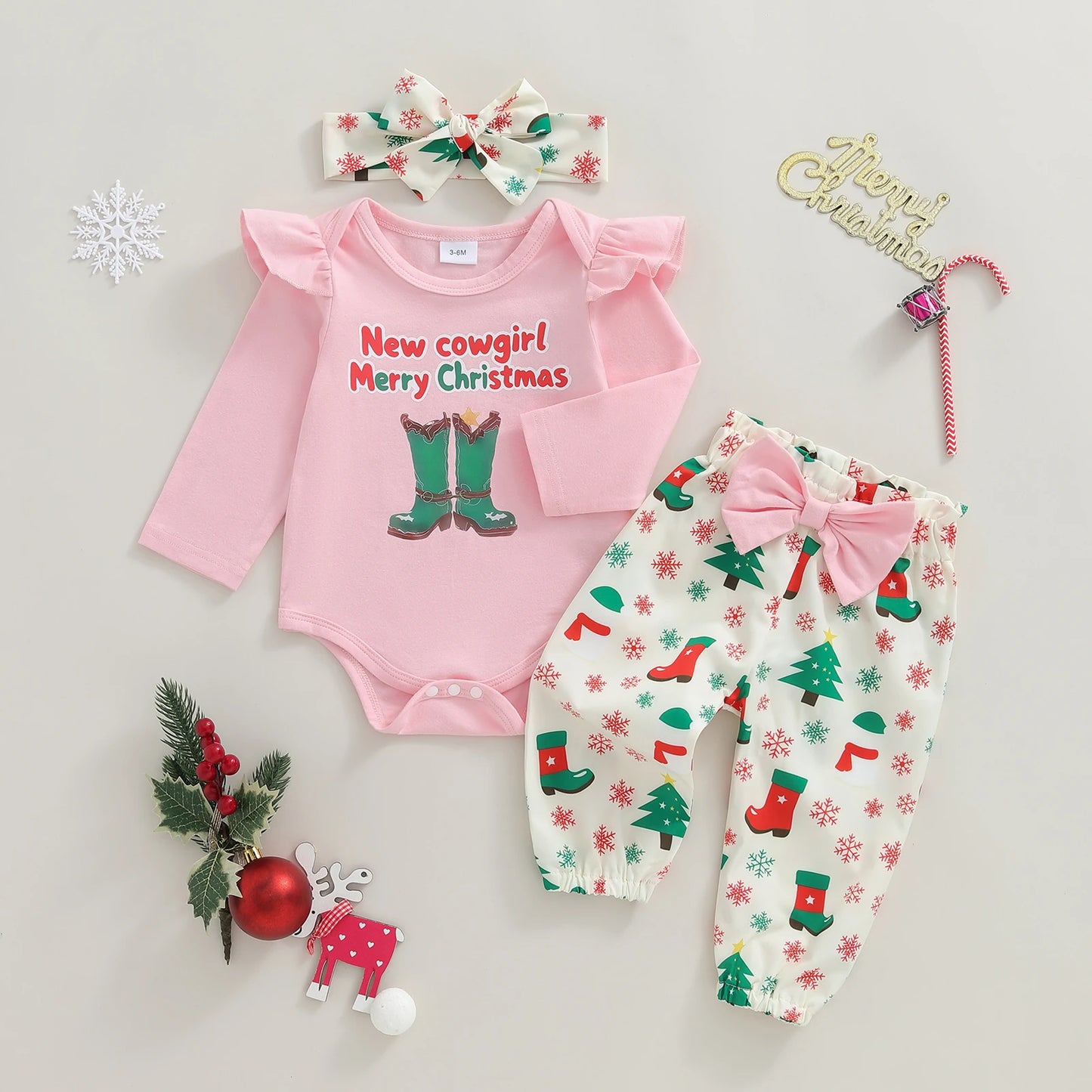 Baby Girls Christmas Outfit Set - 3-Piece Letter Long Sleeve Romper, Pants & Bow Headband (0-18M)
