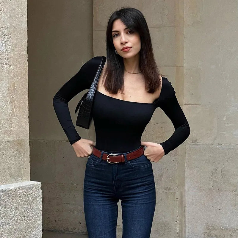 Women's Square Collar Long Sleeve Solid Basic Top