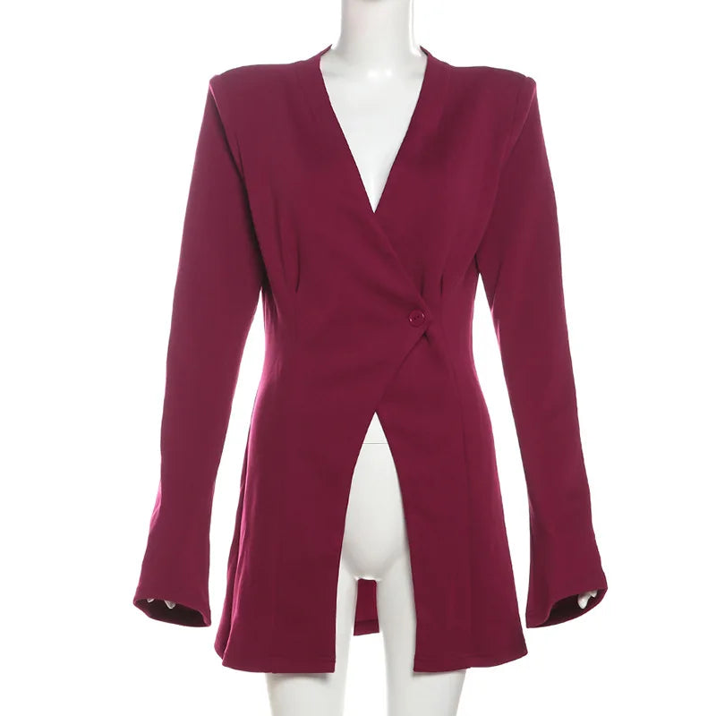 Women's -V Neck Long Sleeve Slit Button Blazer Coat