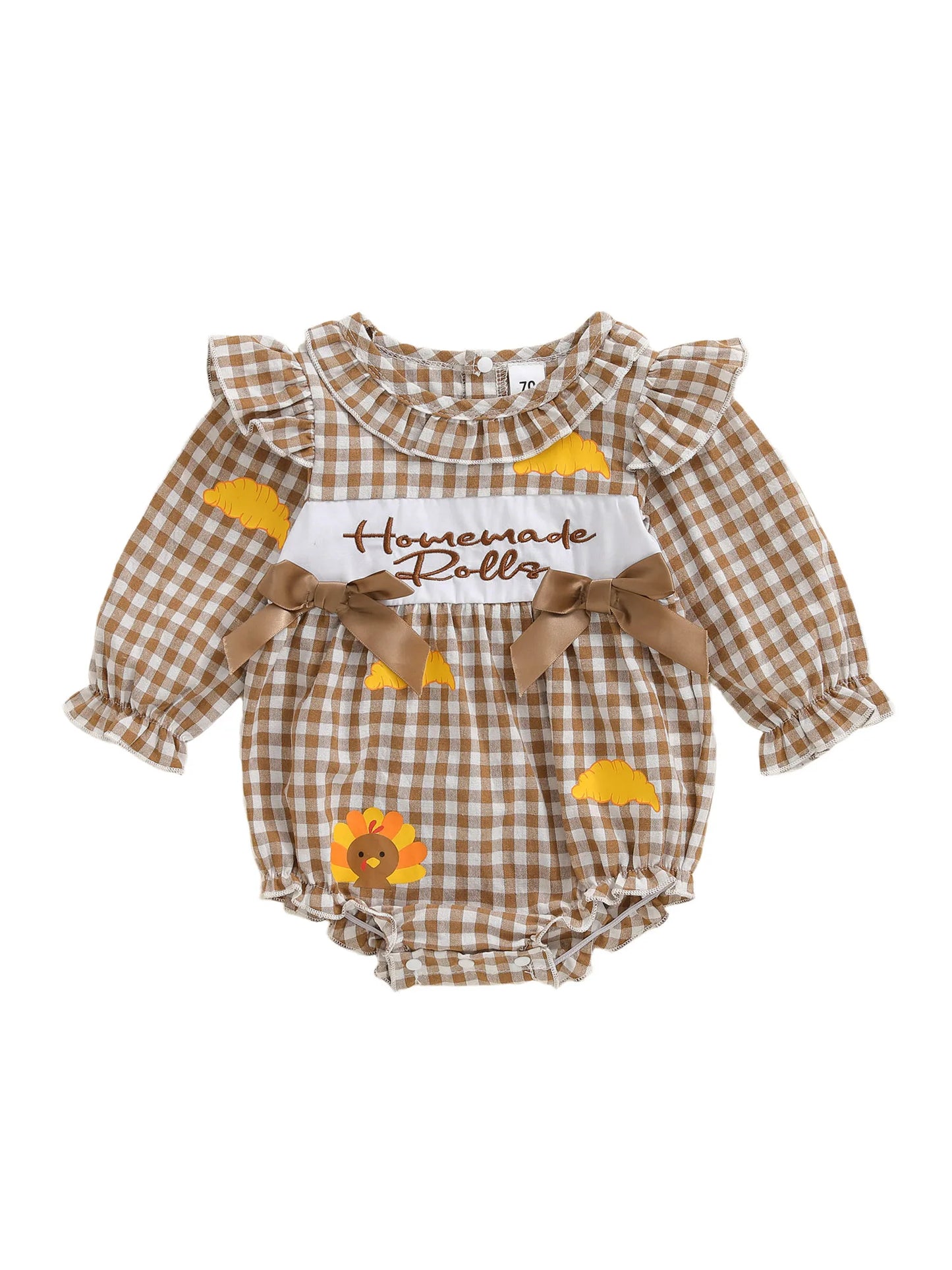 Baby Thanksgiving Romper - Long Sleeve Plaid Print Turkey Embroidery Bubble Jumpsuit