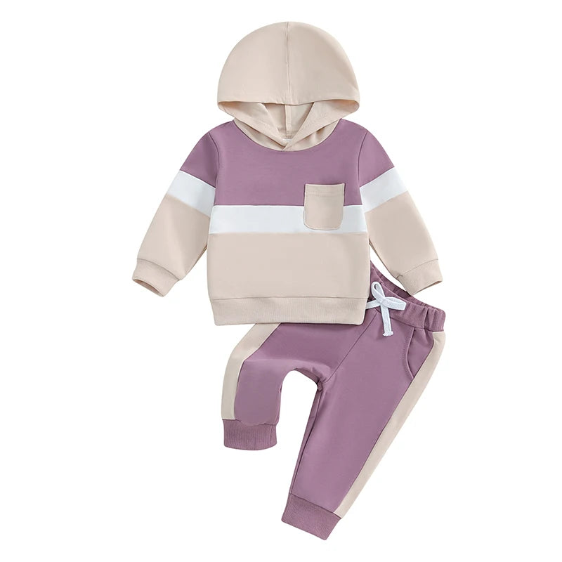 0-4Y Toddler Kids Boys Girls Fall Clothes Set Color Patchwork Long Sleeve Hooded Sweatshirt and Elastic Waist Pants