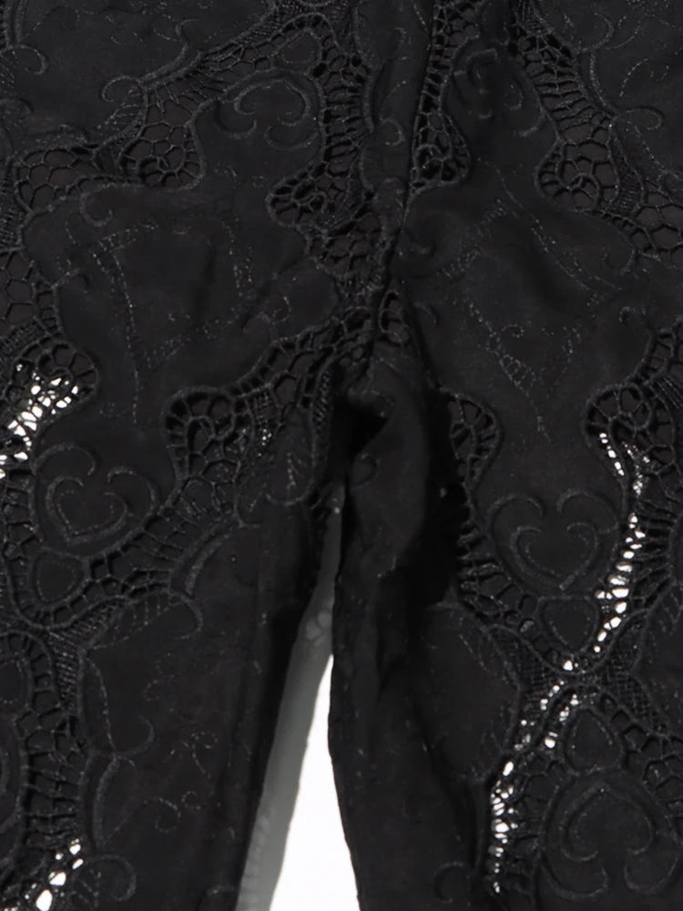 Women's Solid Hollow Out Two Piece Set - Stand Collar Sleeveless Top & Wide Leg Trousers