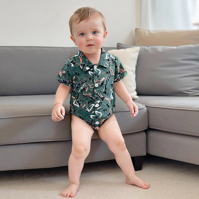 Baby Boys Gentleman Western Romper - Cartoon Print Button-up Bodysuit (0-18M)