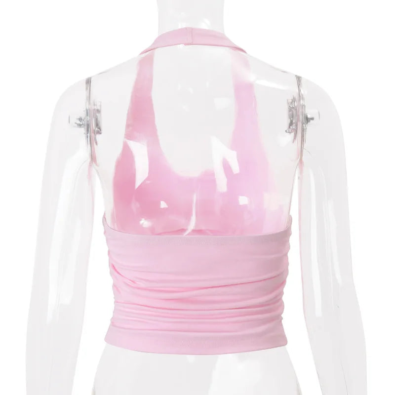 Women's Pink Floral Applique Halter Top - Y2K Backless Ruched Cropped Coquette Vest