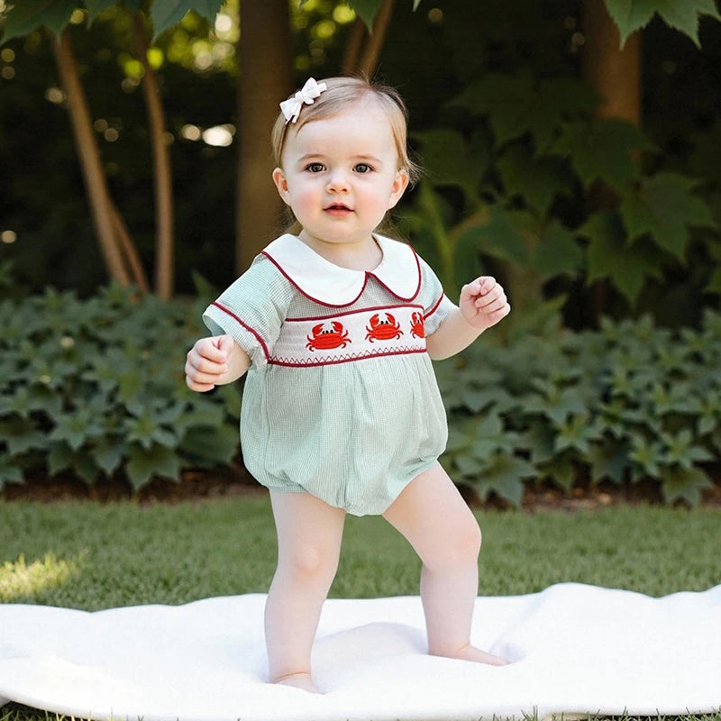 Baby Boys Girls Summer Romper - Crab Embroidery Doll Collar Jumpsuit (0-18M)