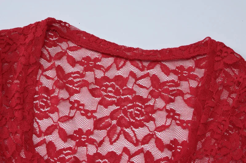 Women's Hollow Lace See Through Red Dress Set Square Neck Top and Skirt 2 Piece Set