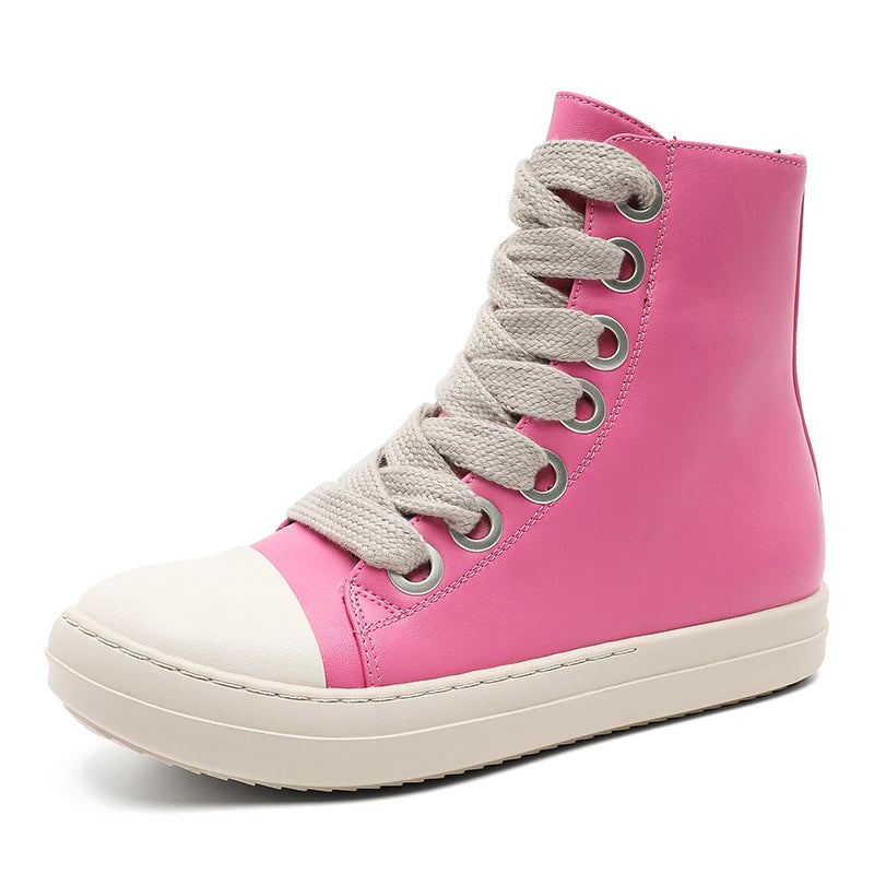 Men's High-Top Leather Sneakers - Lace-Up Zipper Ankle Boots