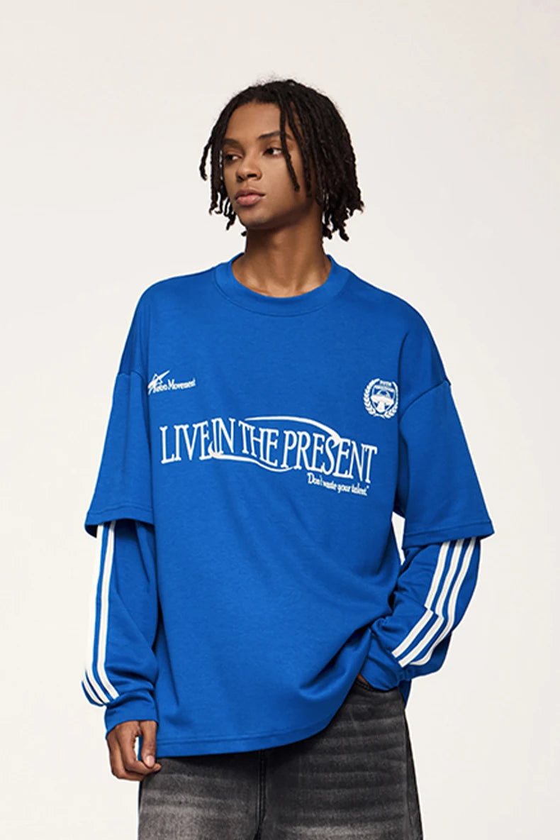 Unisex Retro Double Layer Streetwear Hip Hop Oversized Long Sleeve Sportswear T-Shirt