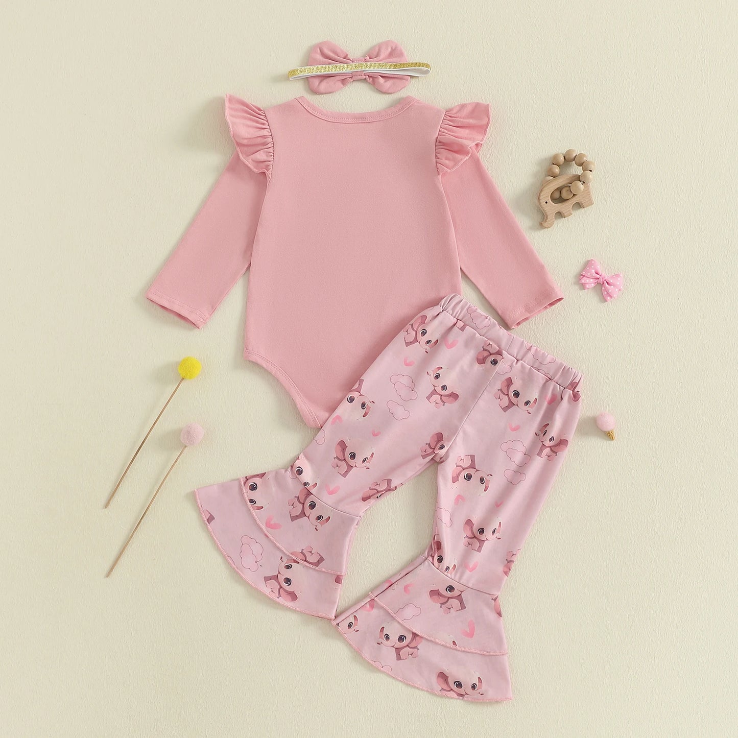 Baby Girls Fall Winter Clothes Set - Long Sleeve Bow Animal Embroidery Jumpsuit, Headband & Flared Pants