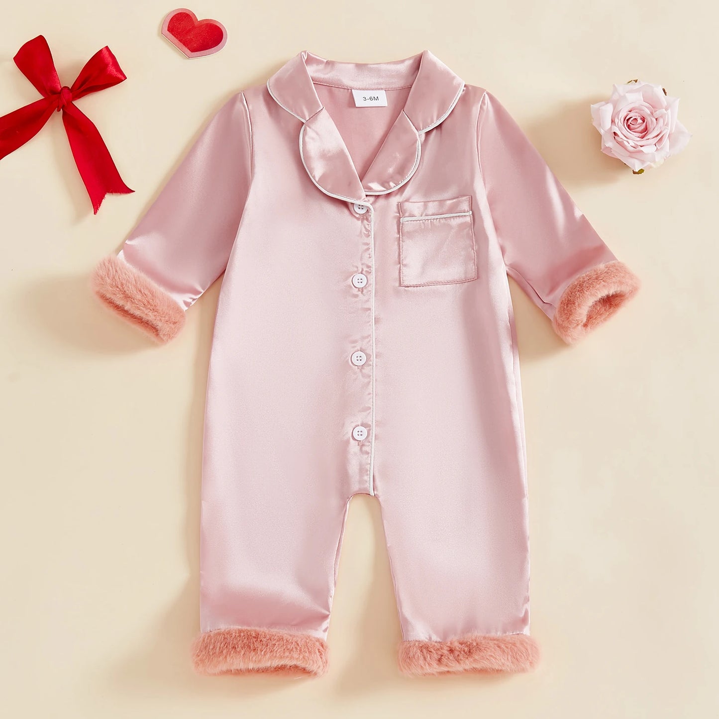 Baby Christmas Pajama Romper - Button Down with Feather Trim Cuffs