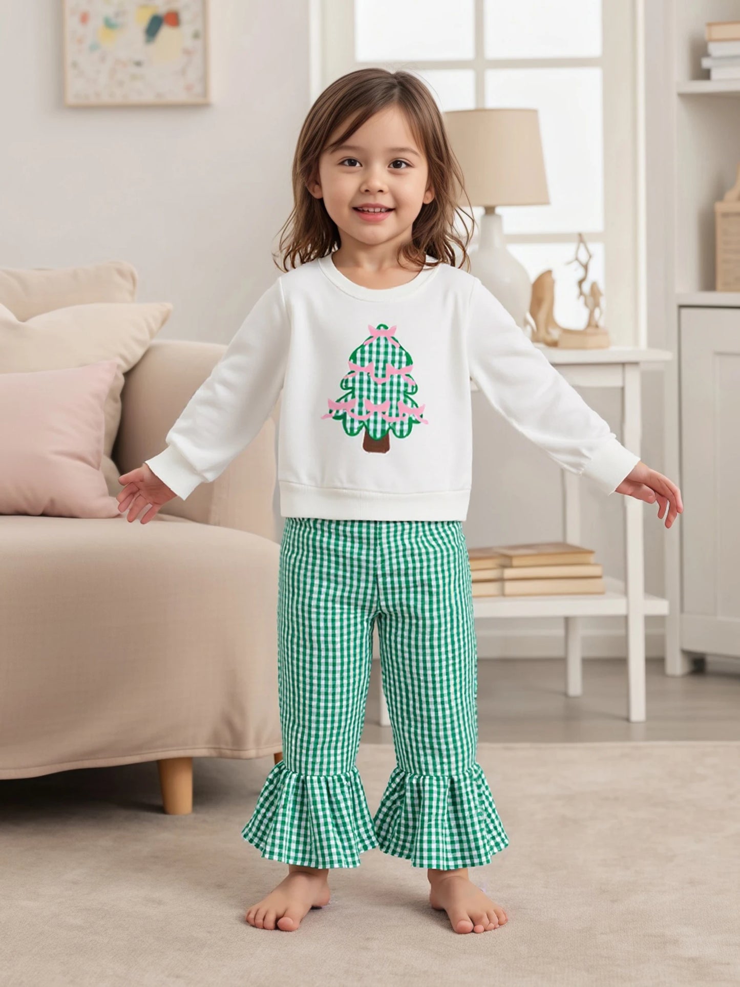 Baby Girls Christmas Tree Embroidered Sweatshirt & Plaid Bell Bottoms Set (0-4Y)