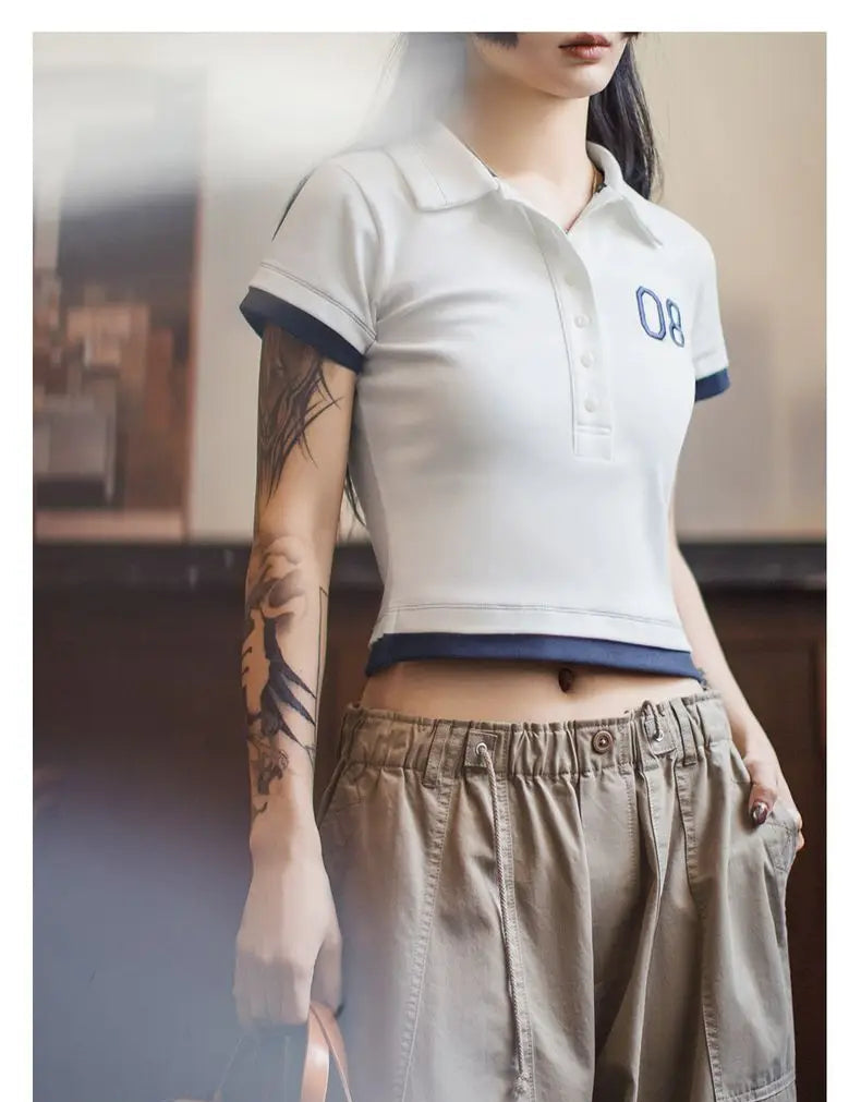 Women's White Embroidered Polo Shirt - Preppy Short Sleeve Tennis Top with Color-Block Design