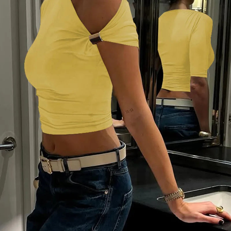 Women's One Shoulder Asymmetrical Summer Fashion Outfit Embellished Backless Cropped Top