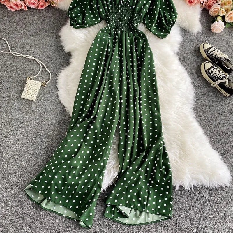 Women's V-Neck Polka Dot Jumpsuit - Wide Leg Trousers with Dolman Sleeves