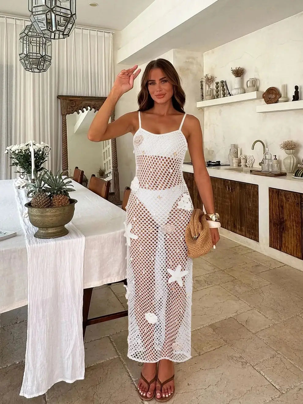 Women's Summer Pearl Crochet Dress knitting Sleeveless Halter Lace Up Patchwork Long Dress