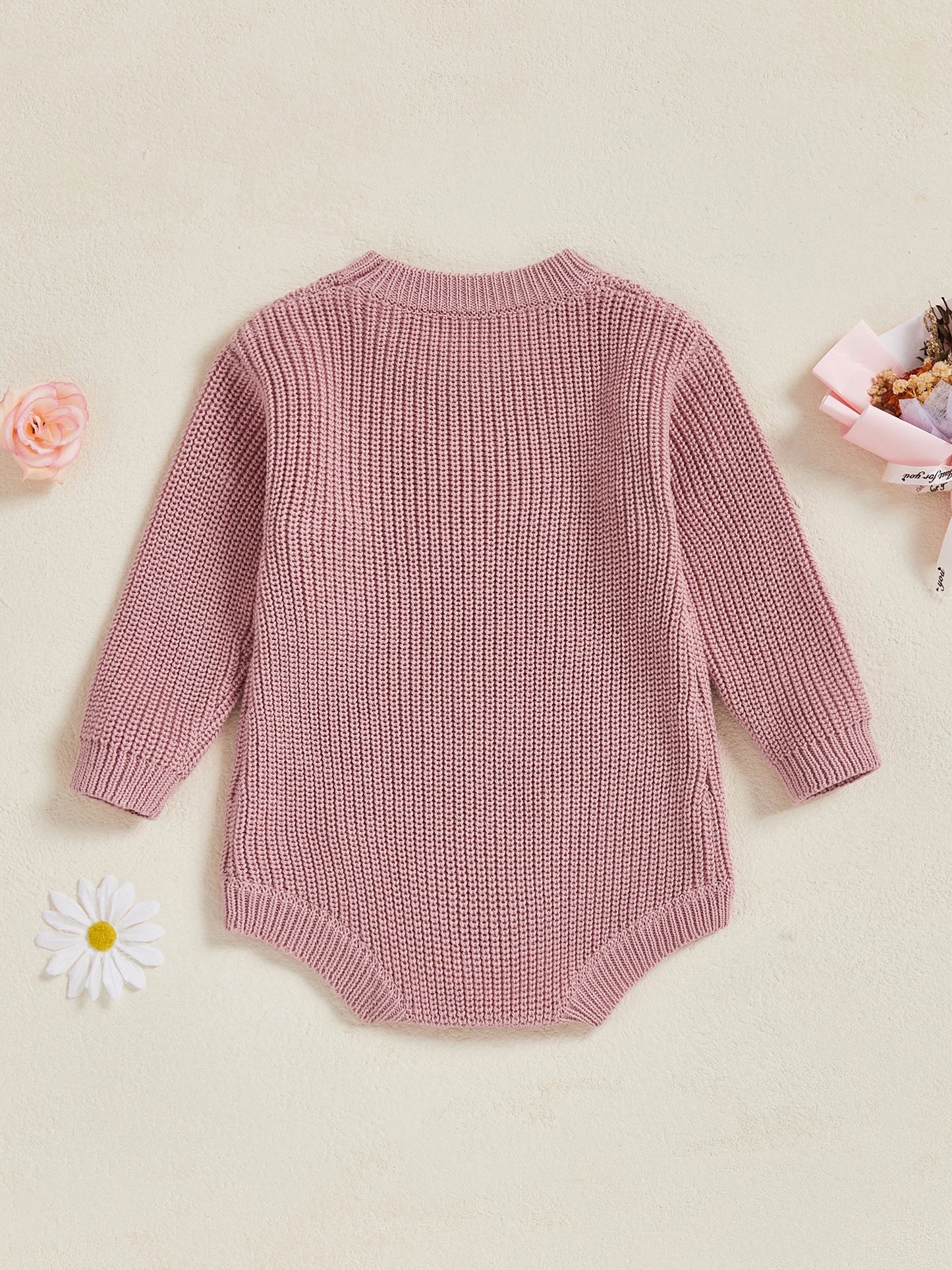 Newborn Baby Sweater Romper - Letter Floral Embroidery Round Neck Knit Jumpsuit
