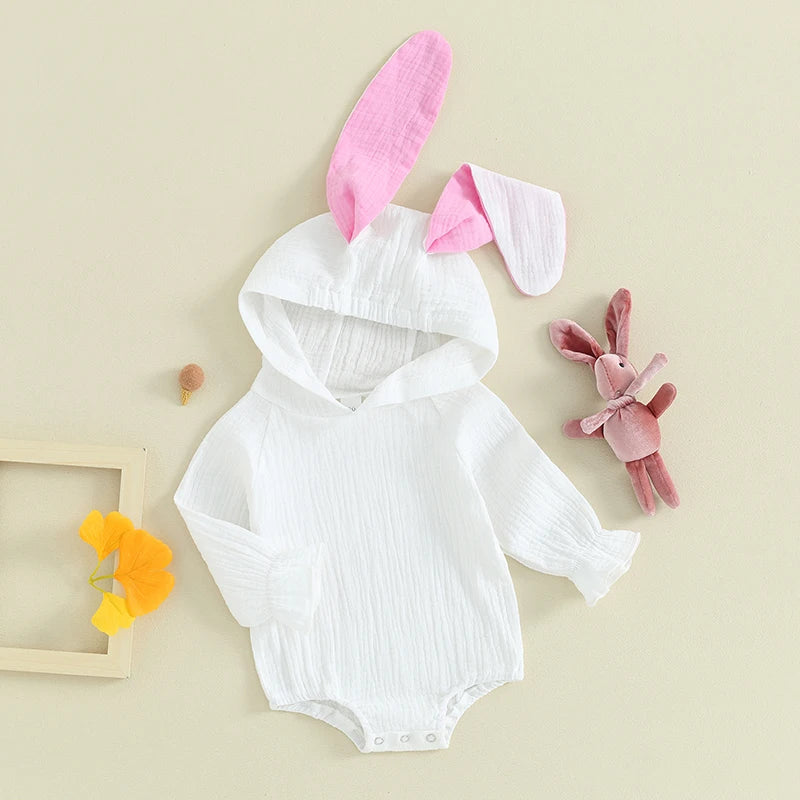 Infant Baby Girls Boys Easter Romper 0-18M Contrast Color Bunny Ear Long Sleeve Hooded Jumpsuits