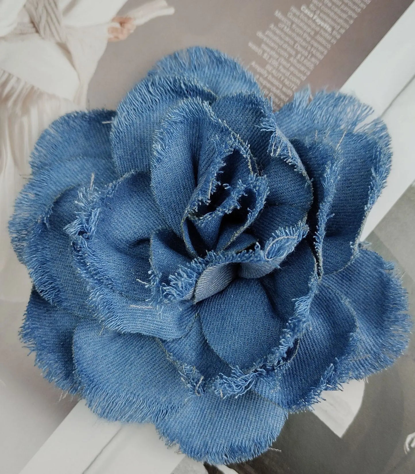 Handmade Denim Rose Flower Brooch - 15cm Fashion Corsage Lapel Pin