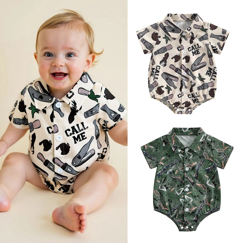 Baby Boys Gentleman Western Romper - Cartoon Print Button-up Bodysuit (0-18M)