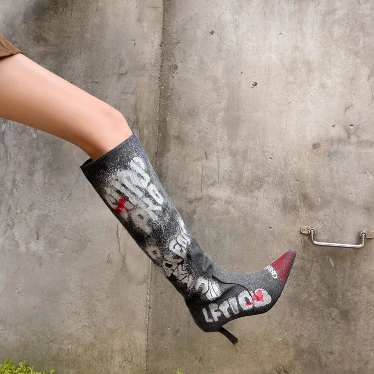 Women's 7cm Thin Heel Graffiti Folded Denim Boots