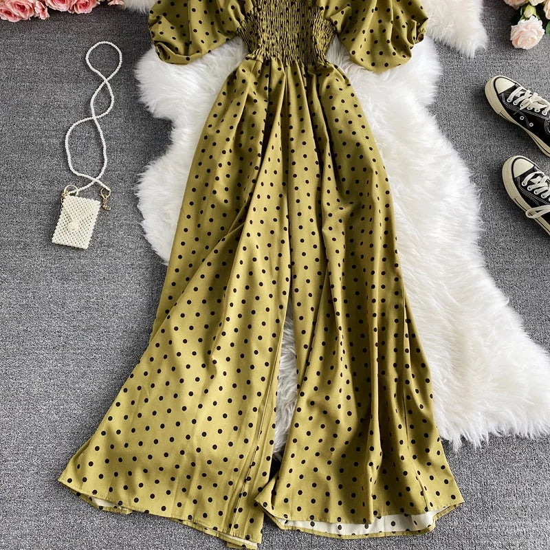Women's V-Neck Polka Dot Jumpsuit - Wide Leg Trousers with Dolman Sleeves