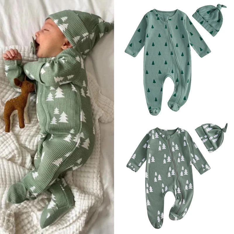 Newborn Christmas Romper Set with Hat - Xmas Tree Print Zip-Up Footed Jumpsuit