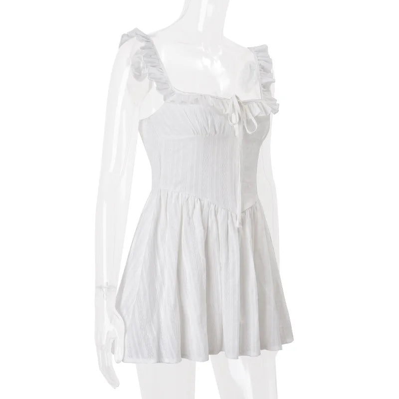 Women's Elegant Ruffled Detail Tie Front Mini Coquette Outfits Summer Backless A-Line Slip Pleated Dress