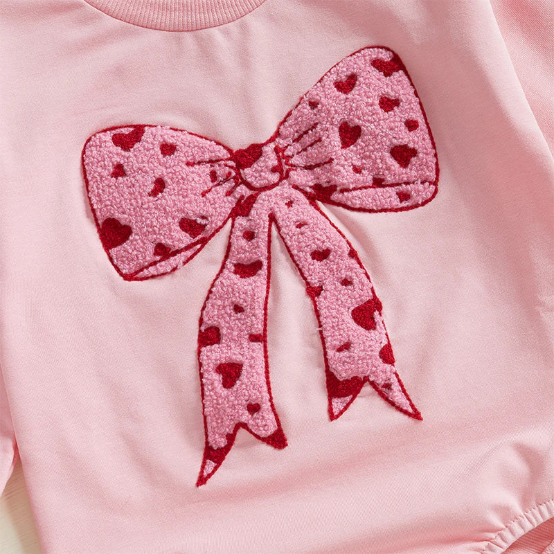 Children's 0-18M Baby Girls Bubble Romper Heart Bow Embroidery Long Sleeve Sweatshirt Jumpsuit
