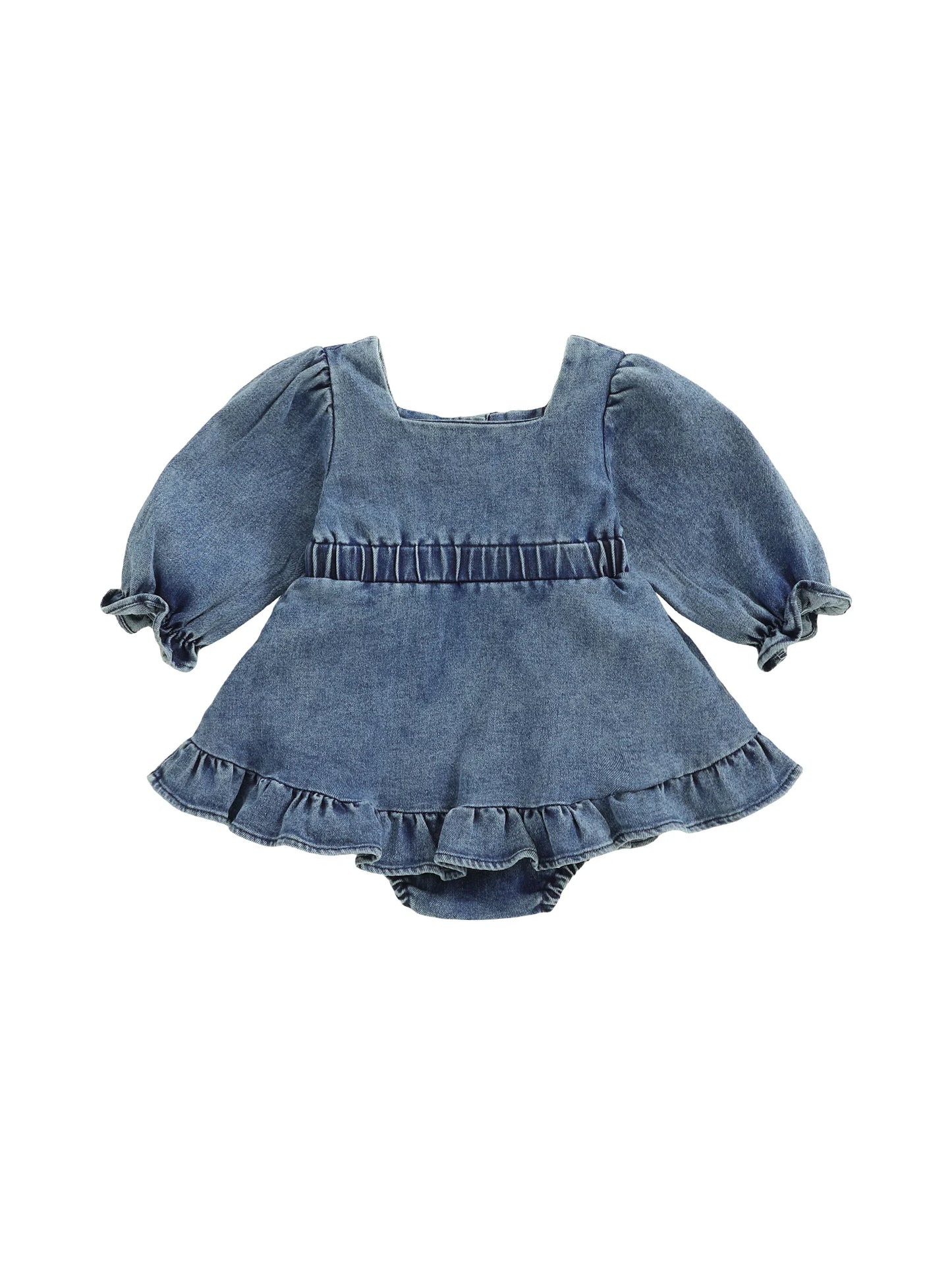 Baby Girls Denim Romper Dress - Square Neck Lantern Long Sleeve Bodysuit (0-24M)