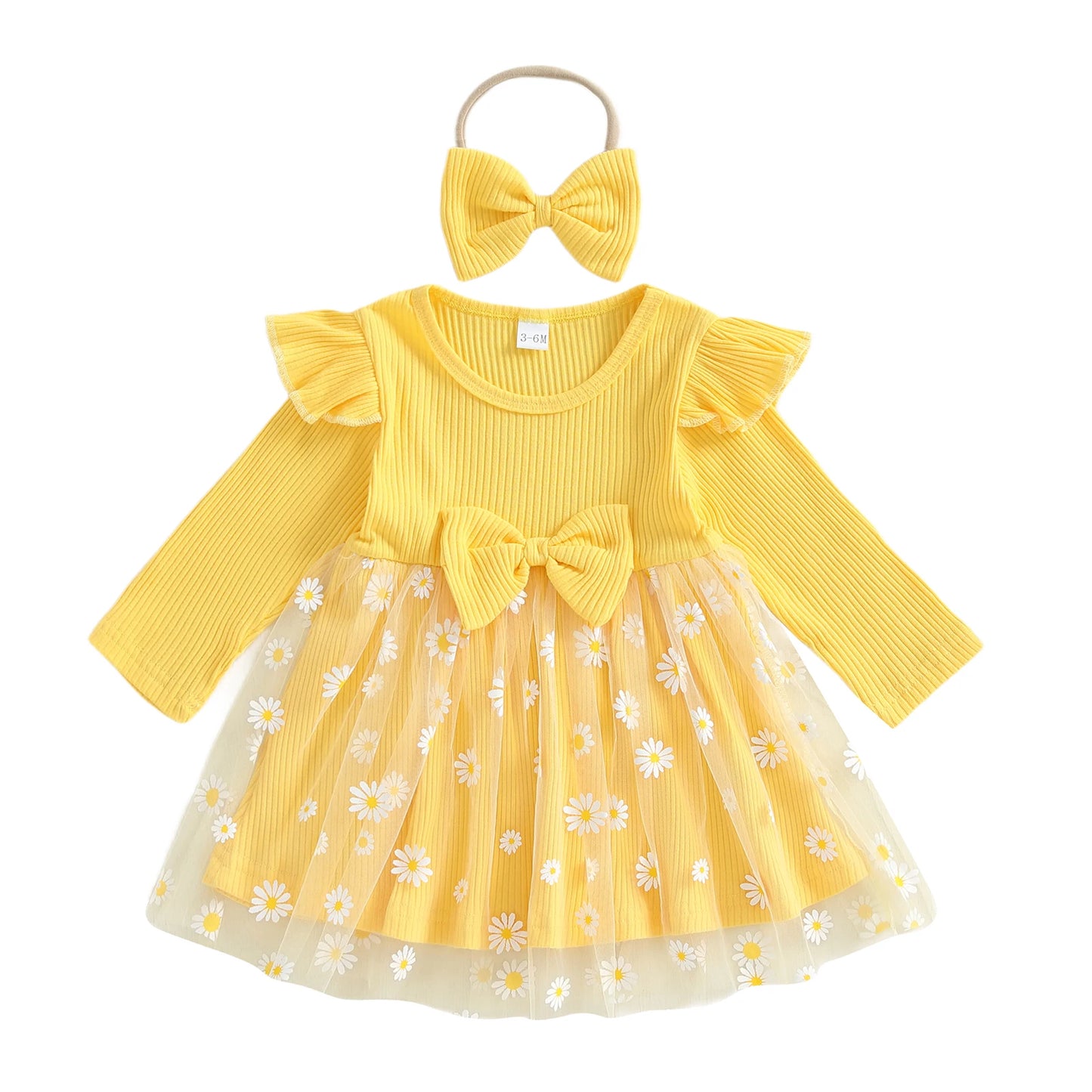 Lovely Baby Girls Fall Winter Dress - Sunflowers Print Tulle Dress with Headband (0-3Y)