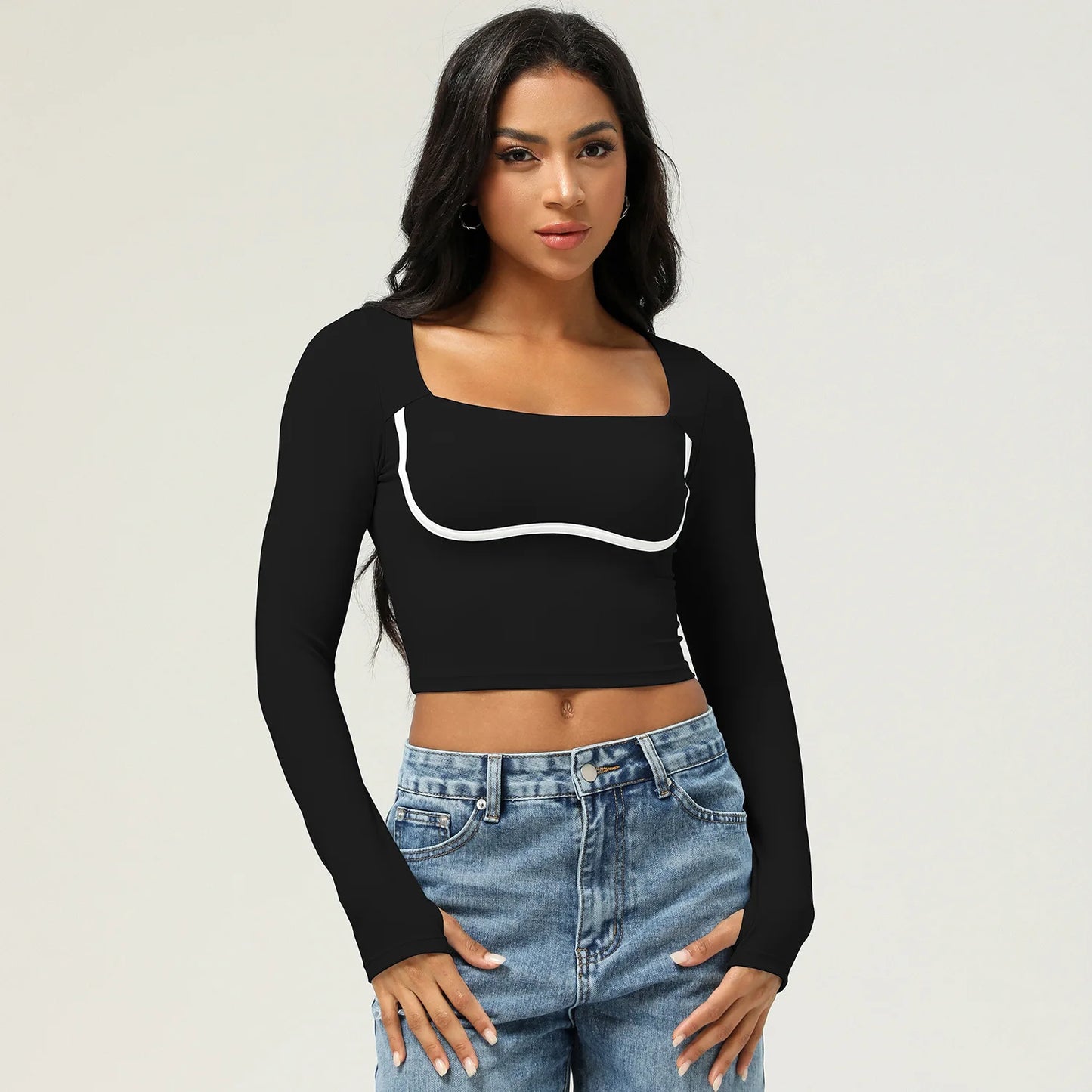 Women's Long Sleeve Yoga T-Shirt Square Neckline Gym Top Breathable Workout Running Crop Top Sportswear