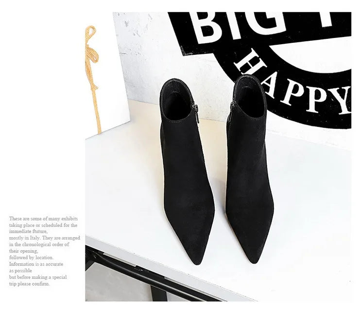 Black Suede Ankle Boots - Pointed Toe Stiletto Heels with Side Zipper