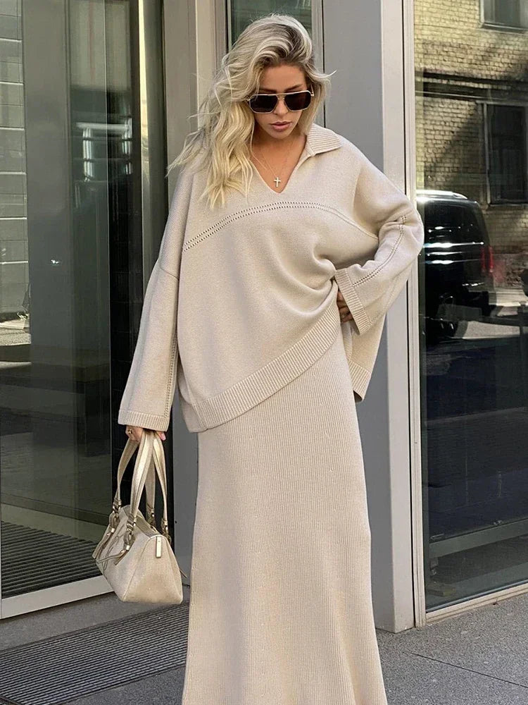 Women's Loose Sweater V-Neck Knit Pullover Top and Long High Waist Skirt 2 Piece Set