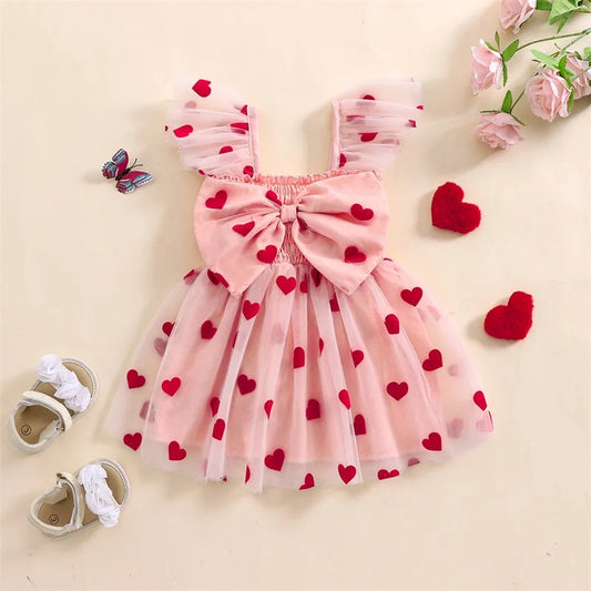 Little Girls' Princess Tulle Dress - Heart Print Ruffles 3D Bow Mesh Tutu