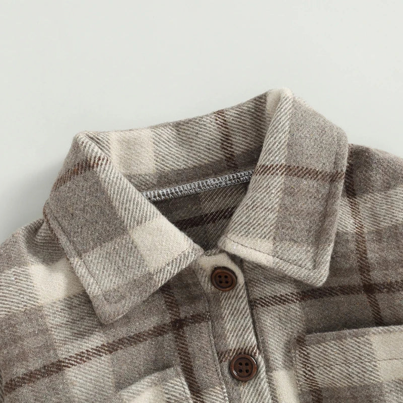 0-24M Infant Baby Boys Gentlemen Romper - Long Sleeve Turn Down Collar Plaid Printed Jumpsuit