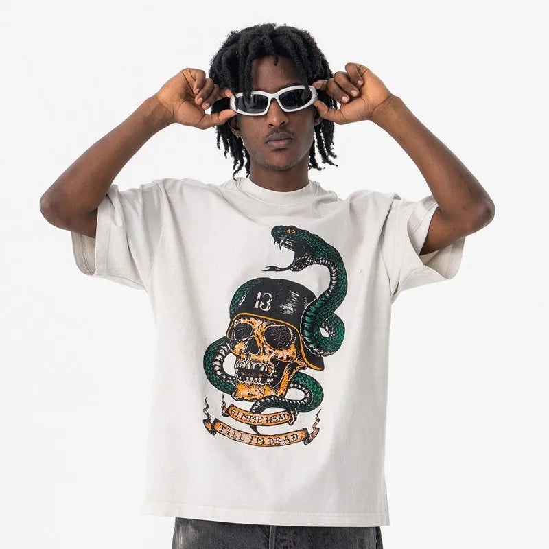 Men's Summer Washed cobra skull print short-sleeved T-shirt
