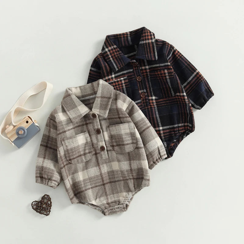 0-24M Infant Baby Boys Gentlemen Romper - Long Sleeve Turn Down Collar Plaid Printed Jumpsuit