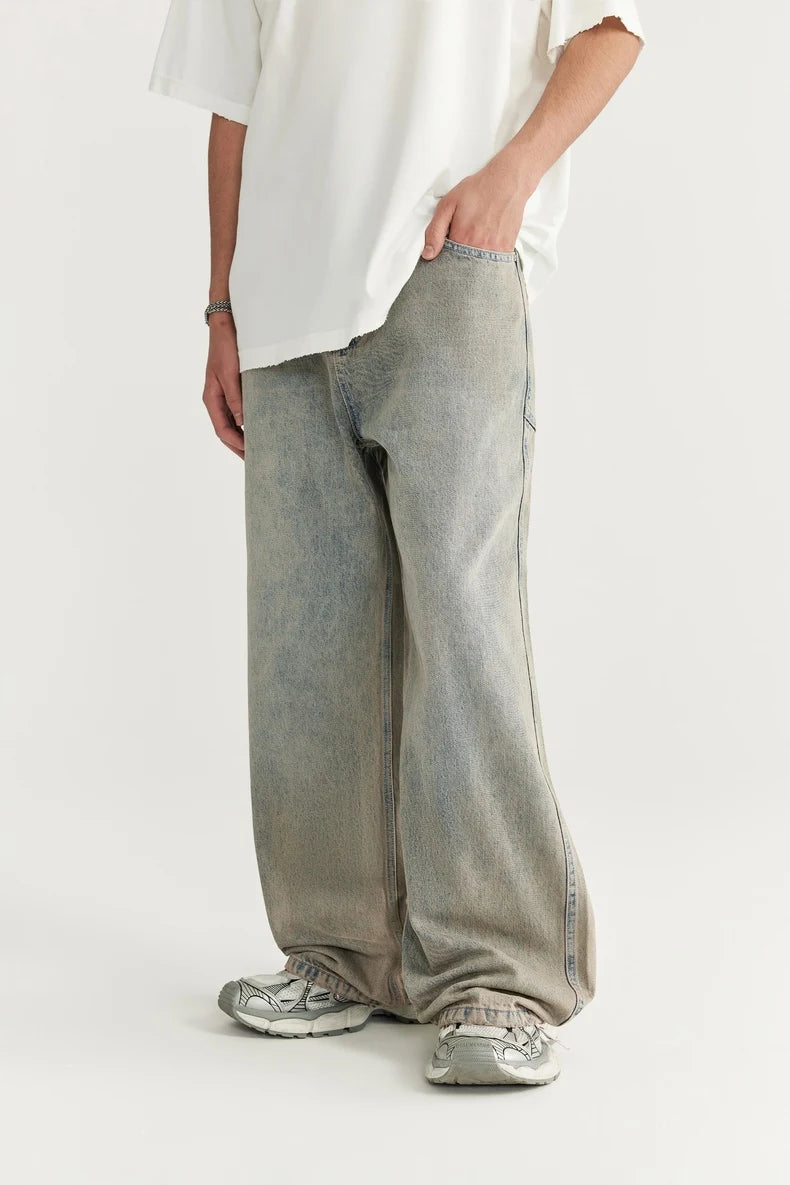 Unisex Retro Washed Jeans Stretch Straight Leg Denim Trousers
