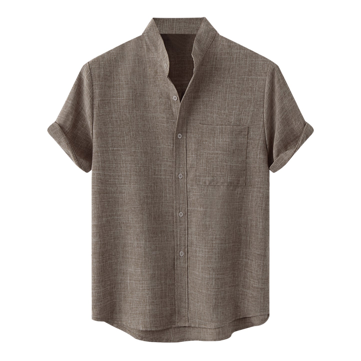 Men's Cotton Linen Short Sleeved Breathable Stand Collar Single Breasted Shirt
